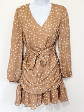NWT STORIA Runched Mini Dress Tie Waist Polka Dot Long Sleeve Medium